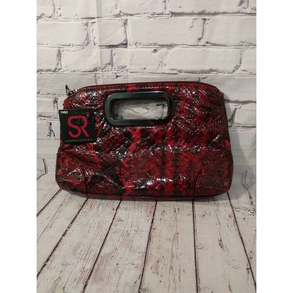 SR2 Sondra Roberts-1980-Snake Embossed-sma Clutch Handbag burgundy/black